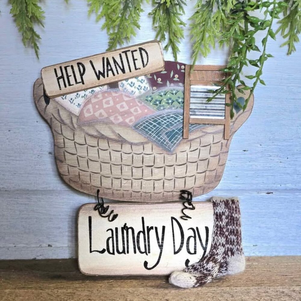 Miniature Help Wanted Laundry Day Wall Hanging Sign Primitive Farmhouse Decor